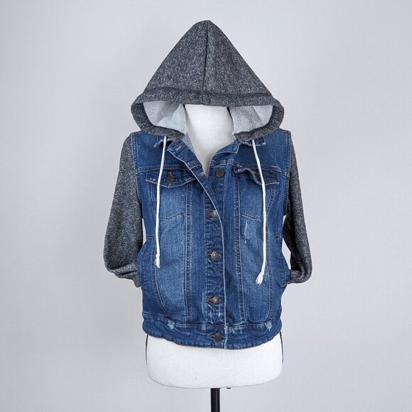 Mossimo Jean Jacket Distressed Denim Hooded Button Colorblock Women's Medium - Picture 1 of 10